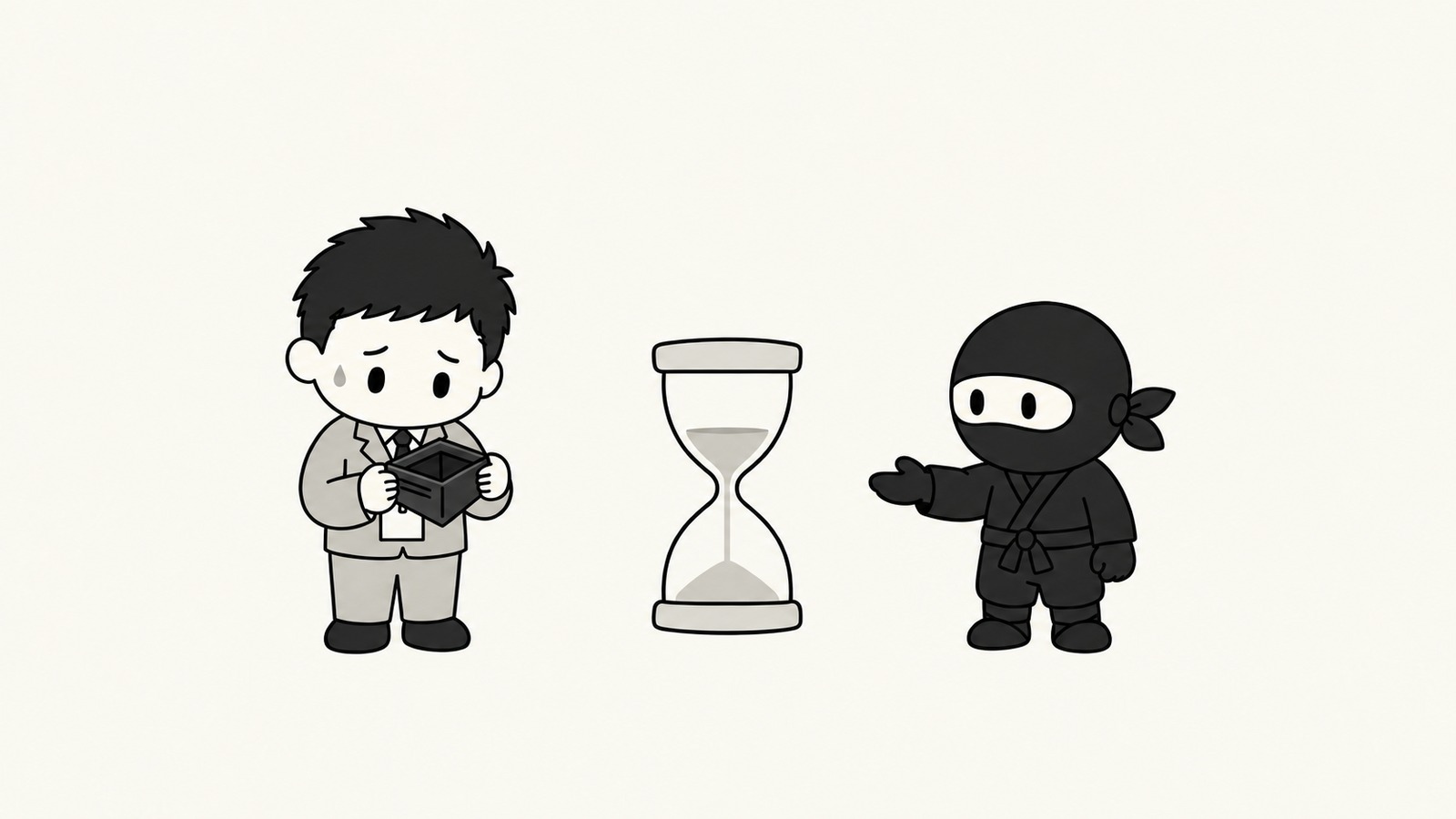 空の財布を見る依頼人に、ヤメ忍が「あとでいい」と手を差し出すイラスト
